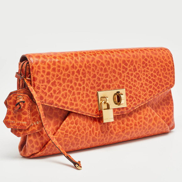 MARC JACOBS Orange Textured Leather Lock Flap Clutch - Picture 3 of 8